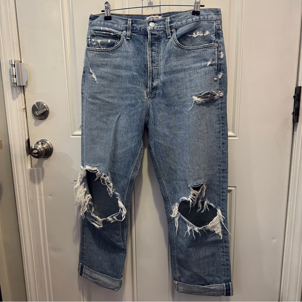 Agolde A Gold E Heavy Distressed Ripped Blue Boyfriend Jeans Size 29